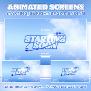 Twitch Animated Stream Scene Pack for Stream | 3D Y2k Blue Sky Chrome Metallic Aesthetic Overlay 2000s Style | Screen Set for Streamers