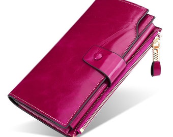 Womens Premium Oil Wax Genuine Leather Long Wallet, Top Grain Smart Phone Leather Purse, Valentine Day Gift For Her, Birthday Gifts - Purple