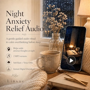 May include: A digital product listing titled Night Anxiety Relief Audio featuring a smartphone displaying a play button, a ceramic mug, a glass vase with dried flowers, and a notebook with a pen, all set against a soft, warm-toned background.