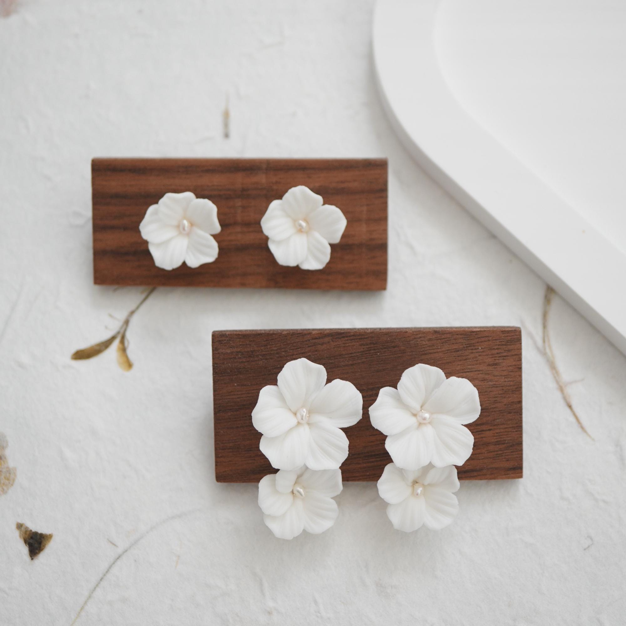 White Porcelain Flower Bridal Earrings with Freshwater Pearls, Wedding Earrings for Brides, Boho Smaller Floral Earrings, Bridal Accessories