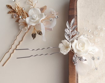 Horquillas románticas para el pelo de boda con flores de arcilla, horquillas para el pelo de novia con flores blancas, accesorios para el cabello para bodas y bailes de graduación