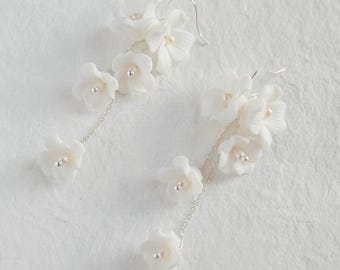 Porcelain White Flower Bridal Earrings with Pearls, Wedding Drop Earrings for Brides, Boho Floral Sliver Earrings, Bridal Party Accessories