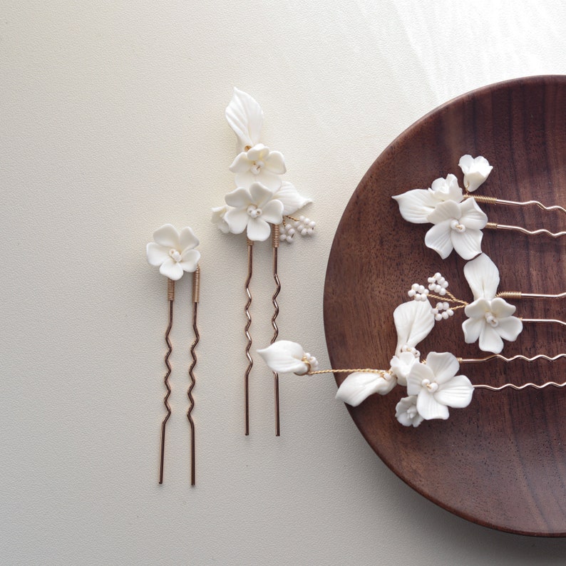 Minimalist Porcelain Flowers Sliver Hair Pin Set of 5 White Beaded Centres Weddings Romantic Brides Earrings image 1