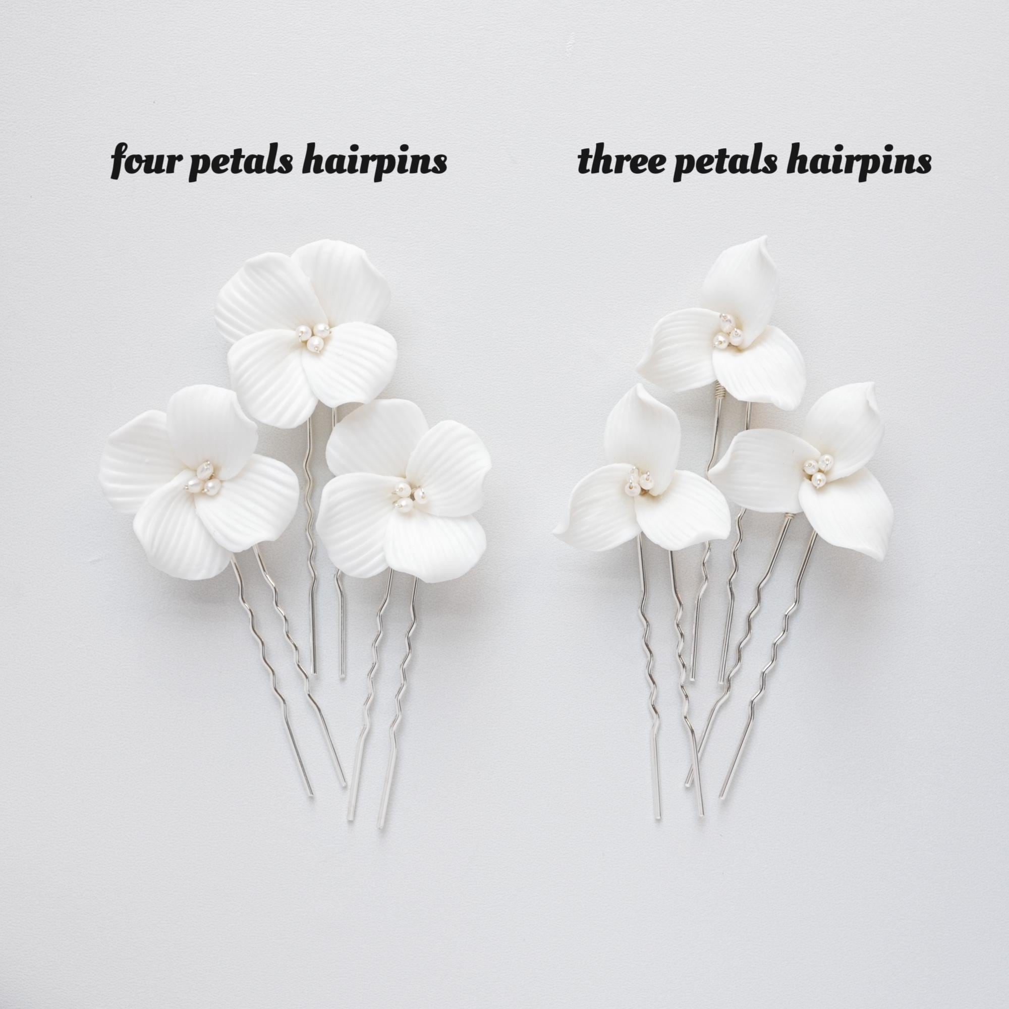 Porcelain Flowers Hairpins, Minimalist Bridal Hairpins, Bridesmaid Hairpins, Four Petals & Three petals White Floral with Freshwater pearl