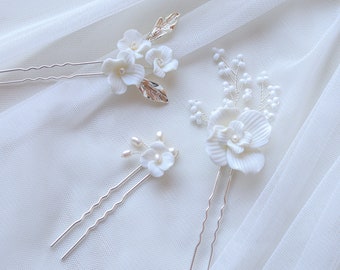 Pearl Floral Sliver Wedding Bridal Accessory Bridal Handmade Clay Blossom Hairpins Hair Jewelry Set Of 3