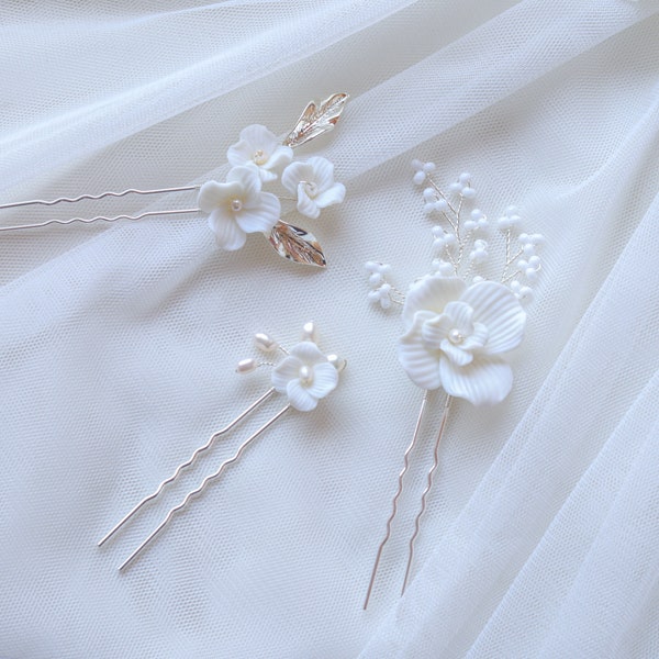 Pearl Floral Sliver Wedding Bridal Accessory Bridal Handmade Clay Blossom Hairpins Hair Jewelry Set Of 3