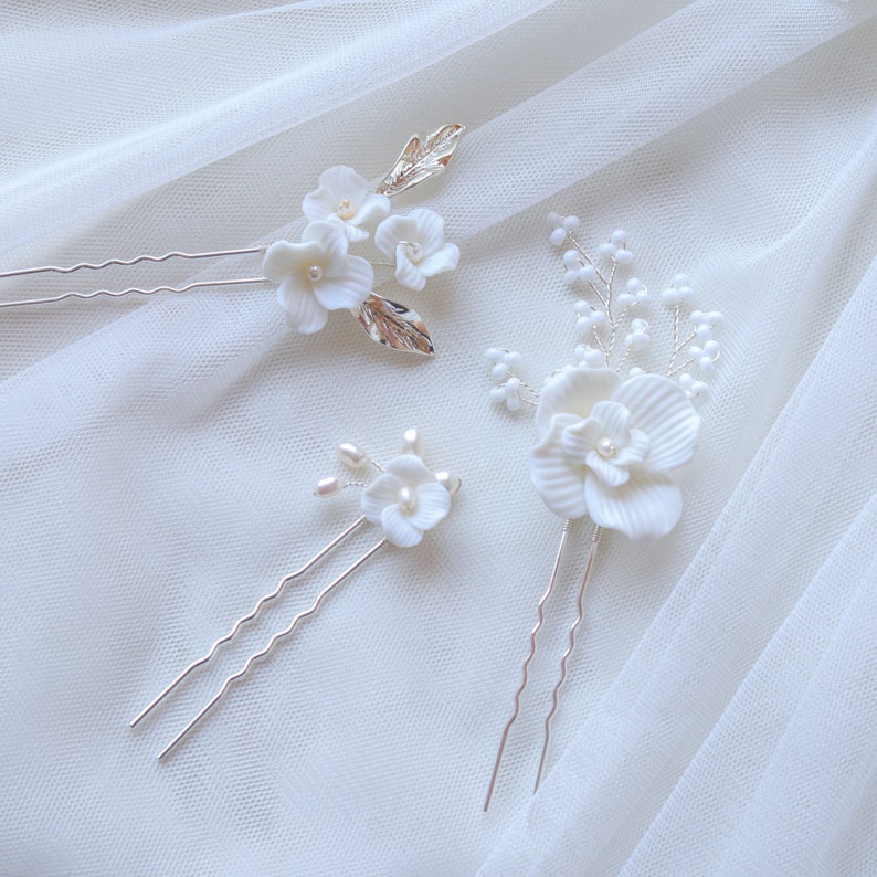 Pearl Floral Sliver Wedding Bridal Accessory Bridal Handmade Clay Blossom Hairpins Hair Jewelry Set Of 3 Sliver Set of 3