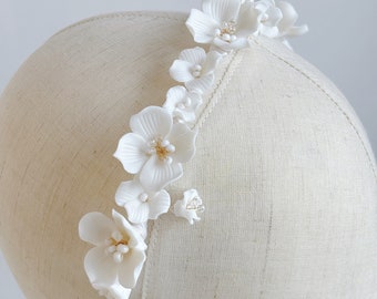 Polymer Clay Bridal Crown Blossom Flower Bridal Headpiece White Floral Ceramic Wedding Hair Band Wedding Floral Tiara