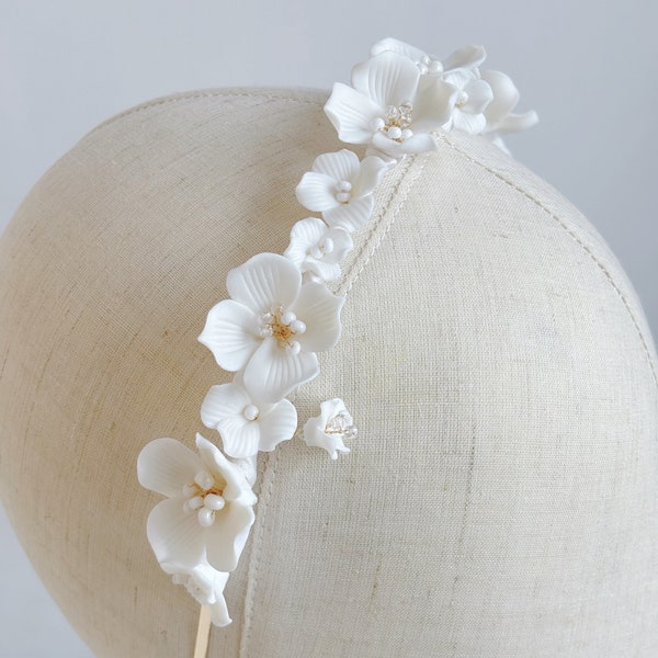 Polymer Clay Bridal Crown Blossom Flower Bridal Headpiece White Floral Ceramic Wedding Hair Band Wedding Floral Tiara