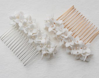 Weißer Porzellan Blumen Haarkamm, Braut Perle Kopfschmuck, Polymer Clay Braut Haarkamm, Blüte Kleinere Blume Braut Kopfschmuck