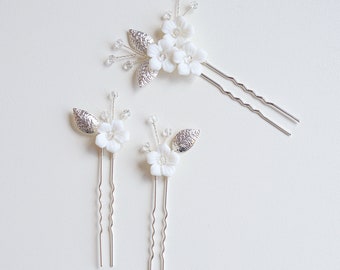 White Porcelain Floral Hairpins for Bridal, Bridal Party Jewellery, Up do Hair Accessories, Bridesmaid White Flower Pins, Wedding Hair Clips