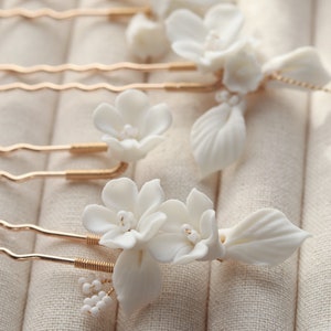 Minimalist Porcelain Flowers Sliver Hair Pin Set of 5 White Beaded Centres Weddings Romantic Brides Earrings image 3