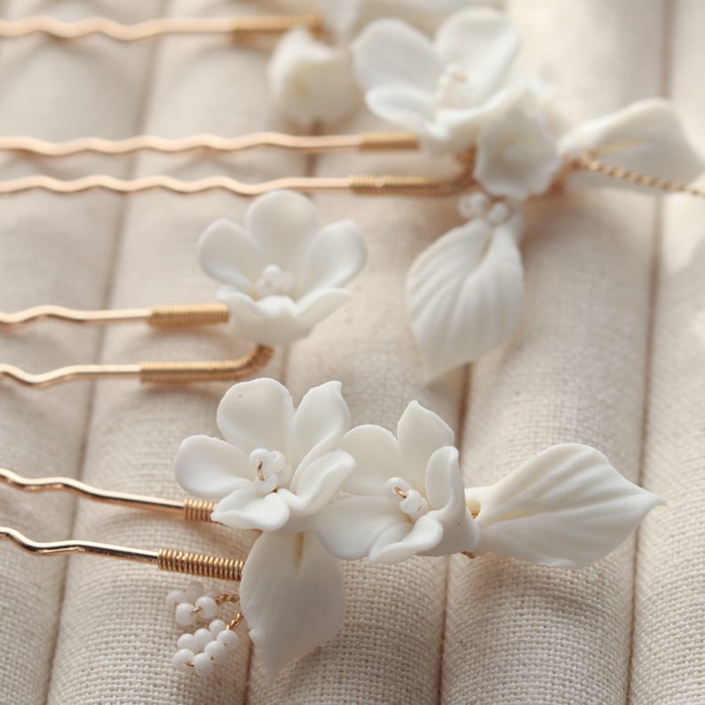 Minimalist Porcelain Flowers Sliver Hair Pin Set of 5 White Beaded Centres Weddings Romantic Brides Earrings image 3