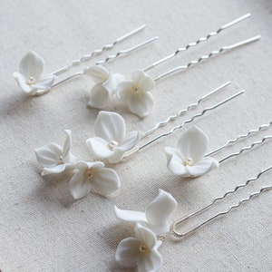 Floral bridal hair accessories, White flower hair slides, Wedding hair accessories, Clay flower hairpins Set of 5 with freshwater pearls image 2