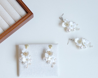 Wedding Earrings, Clay Flower Earrings, Bridal Earrings, Flower Earrings, Bride Pearl Earrings, Bride Jewellery, Wedding Drop Earrings
