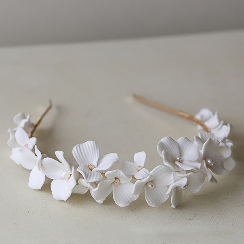 Porcelain White Flower Headband Wedding Bridal Clay Flower Etsy