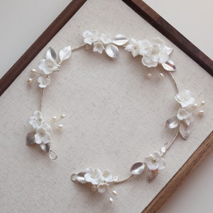 Porcelain Clay Flower Wedding Hair Vine, Bridal Boho Flower Hair Vine, Blossoms Hair Vine, Sliver Hair Vine, Pearl and Crystal Hair Vine