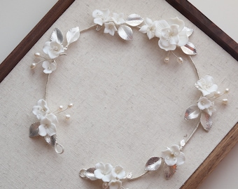 Porcelain Clay Flower Wedding Hair Vine, Bridal Boho Flower Hair Vine, Blossoms Hair Vine, Sliver Hair Vine, Pearl and Crystal Hair Vine