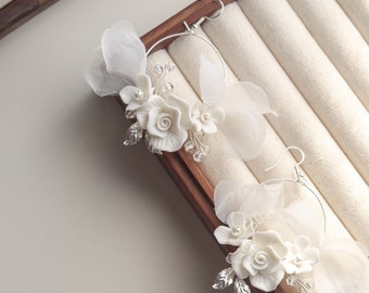 Wedding Earrings, Ceramic White Flowers Hoop Earrings, Wedding Flower Jewelry Earrings, Bridal Hoop Flower Earrings, Bridesmaid Earrings