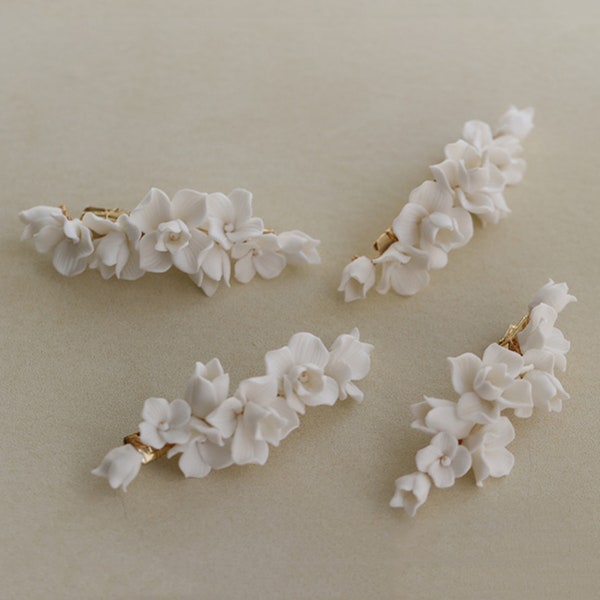 Pince à cheveux en fleurs de porcelaine, pince à cheveux de mariée en fleur d'argile, barrette de cheveux de mariage floral de mariée