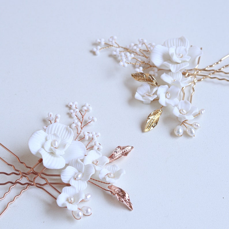 Pearl Floral Sliver Wedding Bridal Accessory Bridal Handmade Clay Blossom Hairpins Hair Jewelry Set Of 3 image 6