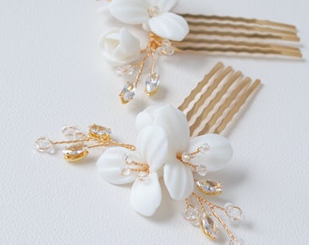 Accessoires de cheveux de mariée floraux, Ensemble de peignes à cheveux à fleurs blanches, Accessoires de cheveux de mariage, Postiche de mariée en cristal, Accessoires de soirée nuptiale