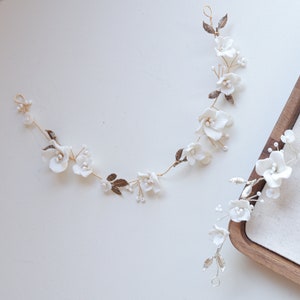 Hair Vine Clay White Flowers Bridal Hair Vine Sliver Leaf Wreath Wedding Hair Vine Bridal Hairpiece Accessories