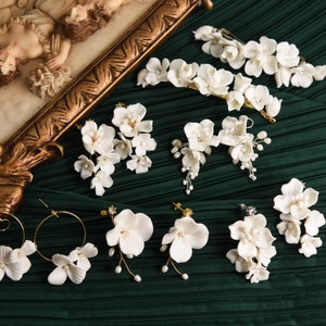 Ceramic White Flowers Petals Earrings, Wedding Flower Jewelry Earrings ,Polymer Clay Earrings Bridal Hoop Earrings Bridal Dangle Earrings