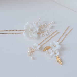 Pearl Floral Sliver Wedding Bridal Accessory Bridal Handmade Clay Blossom Hairpins Hair Jewelry Set Of 3 Gold Set of 3