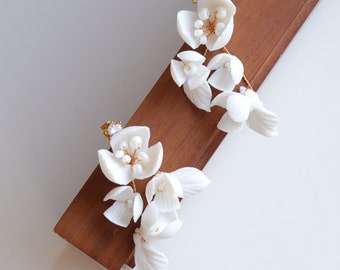 White Clay Flower Wedding Earrings Floral Statement Earrings, Bridal Statement Earrings Wedding Flower Stud Earrings Garden Party Earrings