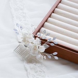 Something Blue For Bride Wedding Hair Piece, Bridal Accessory Blue Crystal Rhinestone Ceramic Flower Hair Combs, Bridal Shower Gift