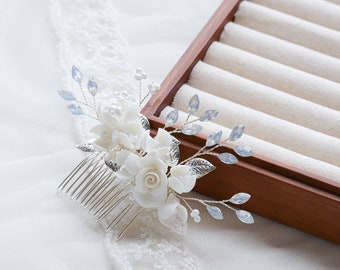 Algo azul para la pieza de pelo de la boda de la novia, accesorio nupcial azul cristal Rhinestone flor de cerámica peines del pelo, regalo de la ducha nupcial