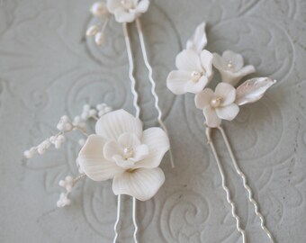 Pearl Floral Sliver Wedding Bridal Accessory Bridal Handmade Clay Blossom Hairpins Hair Jewelry Set Of 3