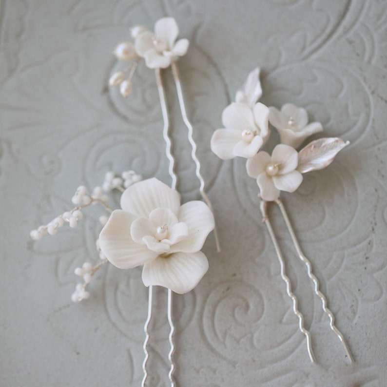 Pearl Floral Sliver Wedding Bridal Accessory Bridal Handmade Clay Blossom Hairpins Hair Jewelry Set Of 3 image 3