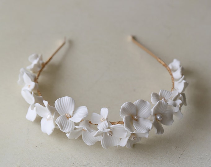Porcelain White Flower Headband Wedding Bridal Clay Flower Etsy