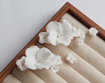 Bride Hair Slides, Flower Bridal Headpiece, Porcelain Flower Hair Clips, Wedding Bridal Alligator Hair Clip,  Bridesmaid Hair Clip