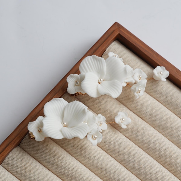 Bride Hair Slides, Flower Bridal Headpiece, Porcelain Flower Hair Clips, Wedding Bridal Alligator Hair Clip,  Bridesmaid Hair Clip