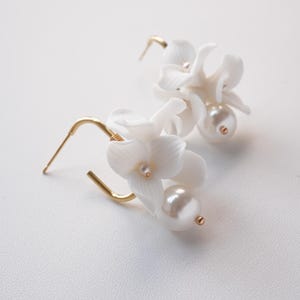 Porcelain Flower Bridal Earrings: Pearl Wedding Jewelry, Gold or Silver