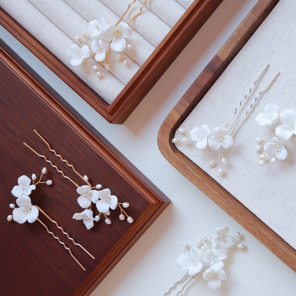 Clay Flower Hairpins Set, Floral Bridal Hair Accessories, Pearl Wedding Hair Pins, White Flower Hair Slides, Wedding Hair Accessories