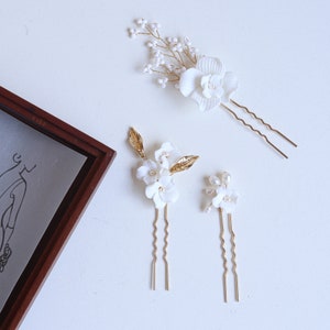Pearl Floral Sliver Wedding Bridal Accessory Bridal Handmade Clay Blossom Hairpins Hair Jewelry Set Of 3 image 4