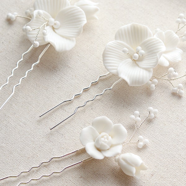 Lot de 3 épingles à cheveux à fleurs blanches pour mariage en fleurs