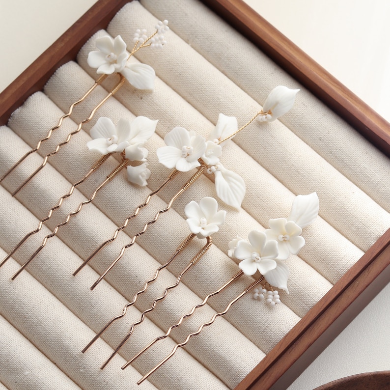 Minimalist Porcelain Flowers Sliver Hair Pin Set of 5 White Beaded Centres Weddings Romantic Brides Earrings image 5