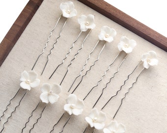 Minimalist Smaller White Single Flower Hair Pins Set Of 5, Clay Flower Bridesmaid Bridal Wedding Hair Pins, Romantic Prom Hair Accessory