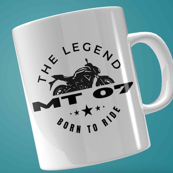 bedruckte Tasse - MT 07, Born to Ride, The Legend, Geschenk für Motorradfahrer, weißer Keramik Becher