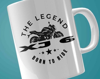 bedruckte Tasse - XJ6, Born to Ride, The Legend, Geschenk für Motorradfahrer, weißer Keramik Becher
