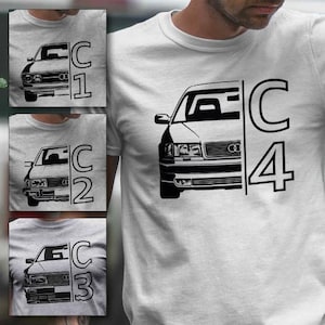 Op de afbeelding: Wit t-shirt met een zwarte afbeelding van een auto en de tekst "C4". Het ontwerp is een gestileerde illustratie van de voorkant van een klassieke auto. Het shirt is gemaakt van een zacht, comfortabel materiaal.