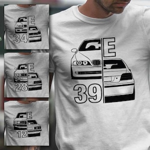 Könnte beinhalten: Weißes T-Shirt mit einer schwarzen Grafik eines geteilten Autos und der Nummer "39" darunter. Zusätzliche Shirts mit Autografiken und den Nummern "34", "28" und "12" sind ebenfalls sichtbar.