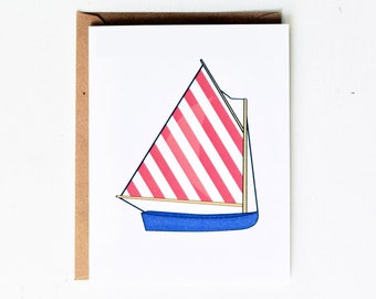 Sailboat Notecard /  Nautical / Coastal Design / Sailing / Beetlecat / Striped Sails / Preppy / Maritime / Sailing / Yatch Life
