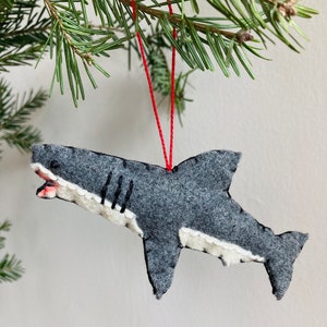 Shark Ornament, Nautical Style, Recycled Felt Hand Embroidery Coastal Decor Hand Crafted Valentine Gift Maine Massachusetts Great White Jaw image 1