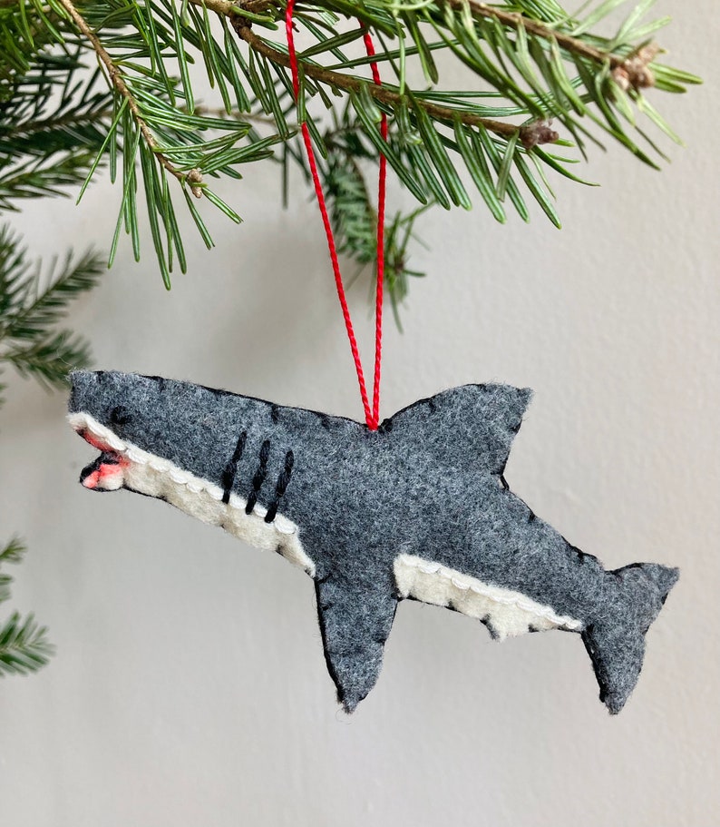 Shark Ornament, Nautical Style, Recycled Felt Hand Embroidery Coastal Decor Hand Crafted Valentine Gift Maine Massachusetts Great White Jaw image 1